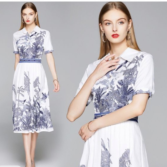 Summer Runway Designer Dress Women Elegant Floral Print Midi Dress - Picture 3 of 15